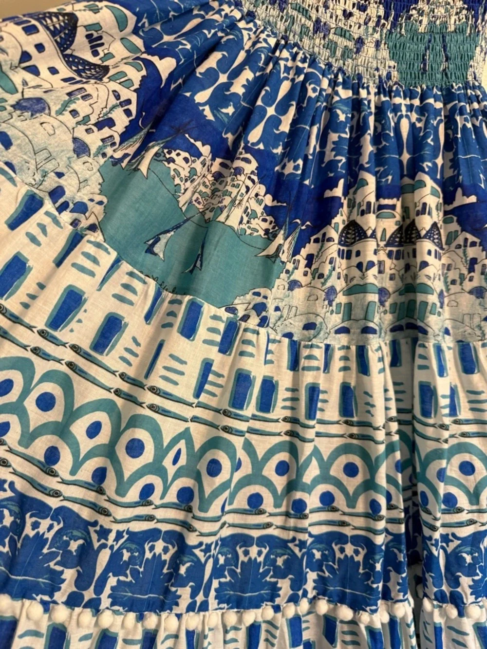 Antica Sartoria Positano Italy 2pc Top Skirt Set Blue Tassel Pom Pom OS